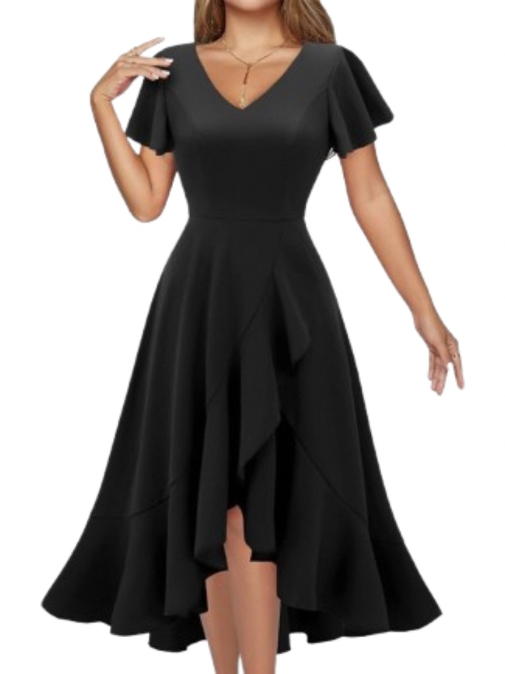 NWT DRESSTELLS Black Ruffle A-Line Midi Cocktail Party Dress Size Small